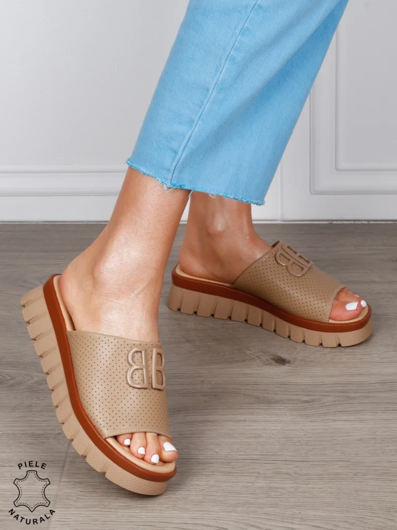 Papuci Damă din Piele Naturală cu Detalii Perforate și Talpă Groasă CRL1264 KHAKI