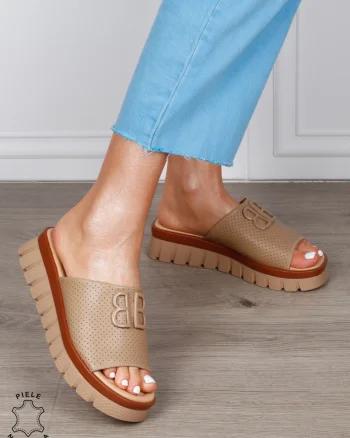 Papuci Damă din Piele Naturală cu Detalii Perforate și Talpă Groasă CRL1264 KHAKI