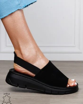 Sandale Damă din Piele Naturală Intoarsa cu Design Modern și Bareta Elastică CRL1805 NEGRU