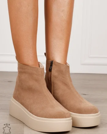 Ghete casual din piele naturală intoarsa cu talpa solida cu fermoar CRL1511 KHAKI