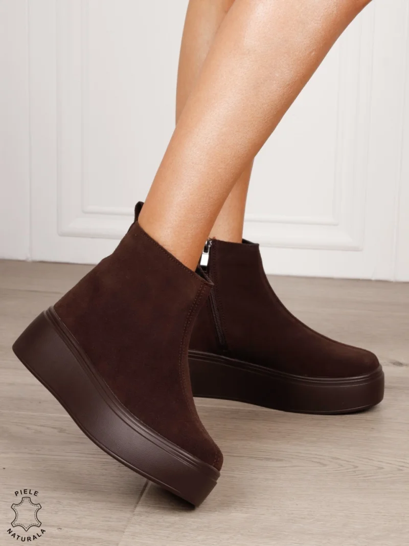 Ghete casual din piele naturală intoarsa cu talpa solida cu fermoar CRL1511 CAFENIU