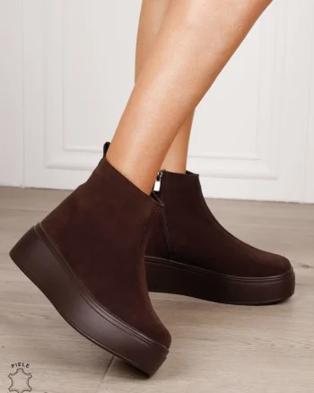 Ghete casual din piele naturală intoarsa cu talpa solida cu fermoar CRL1511 CAFENIU