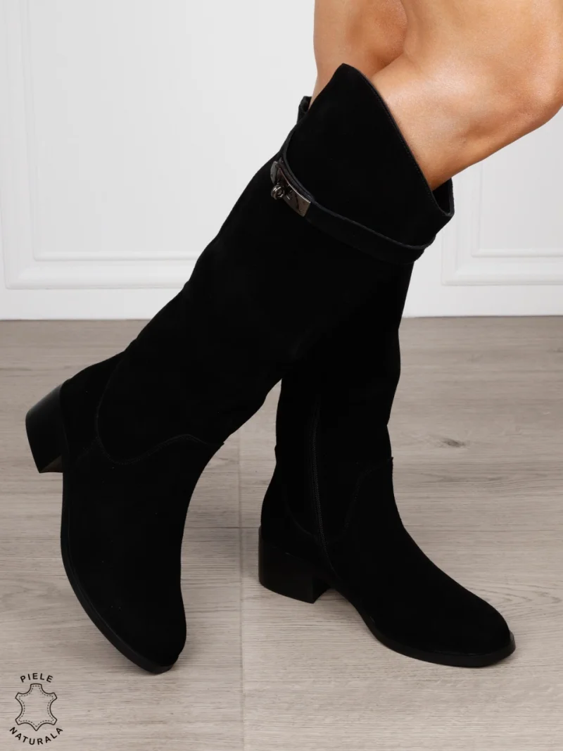 Cizme damă din piele naturală Intoarsa cu ornament elegant CRL1834 NEGRU