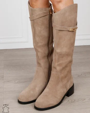 Cizme damă din piele naturală Intoarsa cu ornament elegant CRL1834 KHAKI