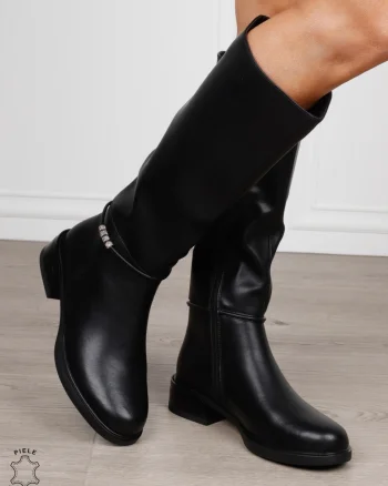 Cizme damă din piele naturală cu detaliu decorativ la gleznă CRL1838 NEGRU