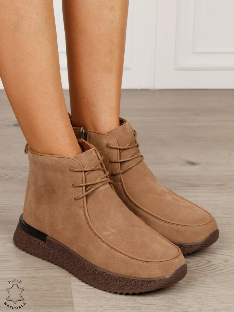 Ghete damă din piele naturală Intoarsa cu design casual CRL1842 KHAKI
