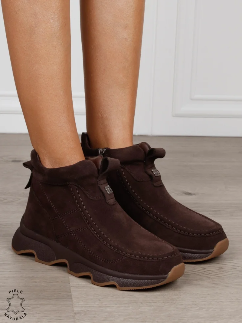 Ghete damă din piele naturală întoarsă cu finisaj casual CRL1843 CAFENIU