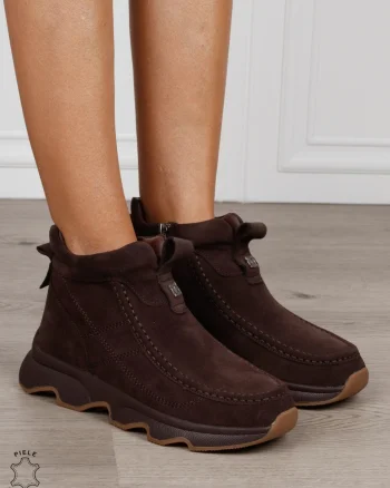 Ghete damă din piele naturală întoarsă cu finisaj casual CRL1843 CAFENIU