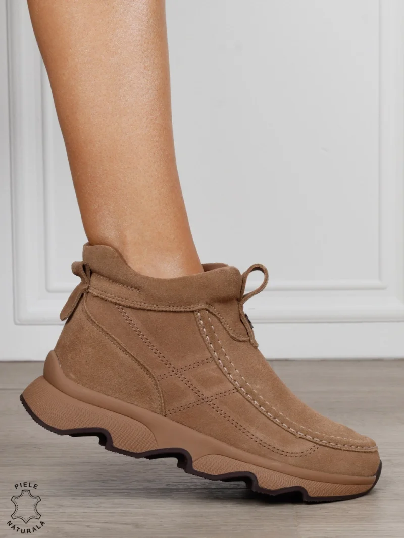Ghete damă din piele naturală întoarsă cu finisaj casual CRL1843 BEJ