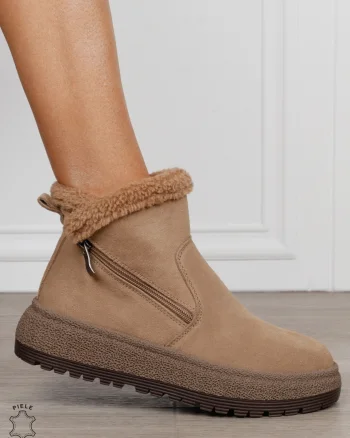 Ghete damă din piele naturală întoarsă cu dublu fermoar CRL1847 CAMEL