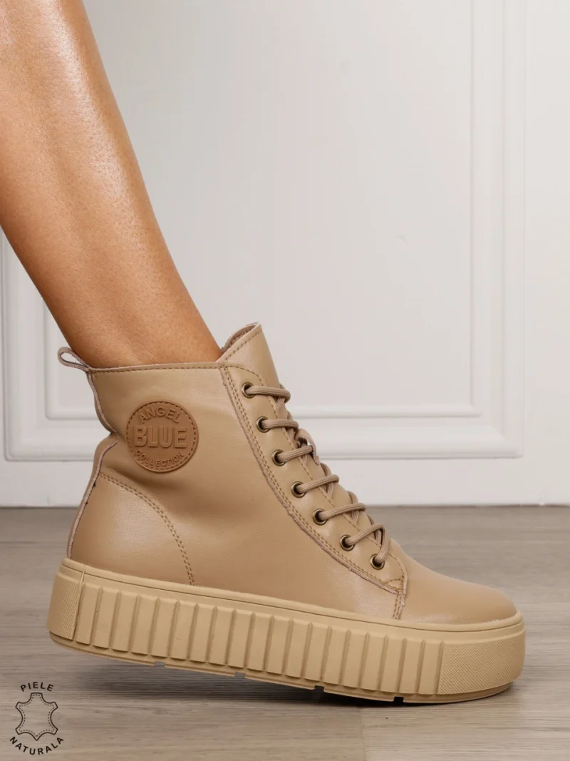 Ghete damă din piele naturală cu șireturi și talpă groasă CRL1850 KHAKI