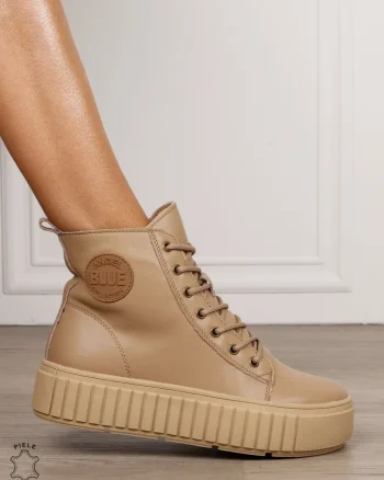 Ghete damă din piele naturală cu șireturi și talpă groasă CRL1850 KHAKI
