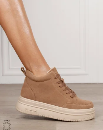 Ghete casual din piele naturală cu talpa solida CRL1510 KHAKI INTOARSA