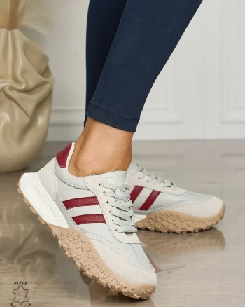 Pantofii casual piele naturala cu siret si dungi laterale CRL1459 GRI