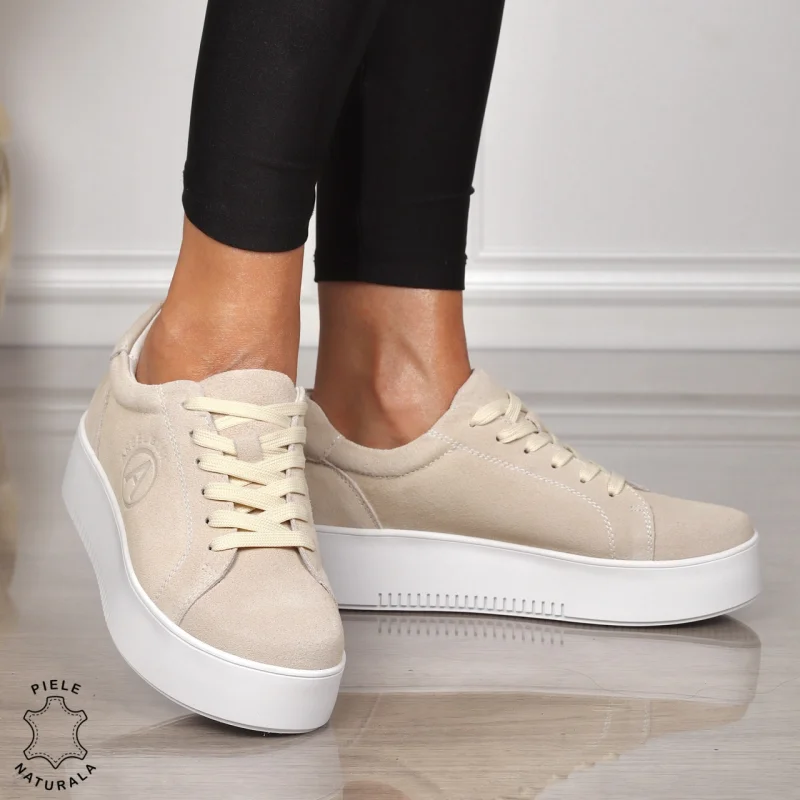 Pantofii casual din piele naturala INTOARSA CU SIRET CRL1455 BEJ