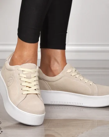 Pantofii casual din piele naturala INTOARSA CU SIRET CRL1455 BEJ