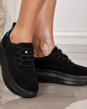 Pantofi CASUAL PIELE NATURALA cu TALPA INALTA CRL1291 NEGRU SUEDE
