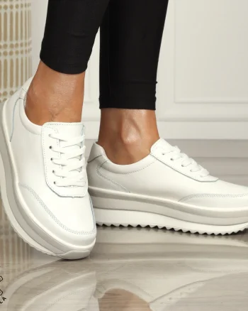 Pantofi casual dama din piele naturala cu șiret comozi și versatili CRL1444 ALB