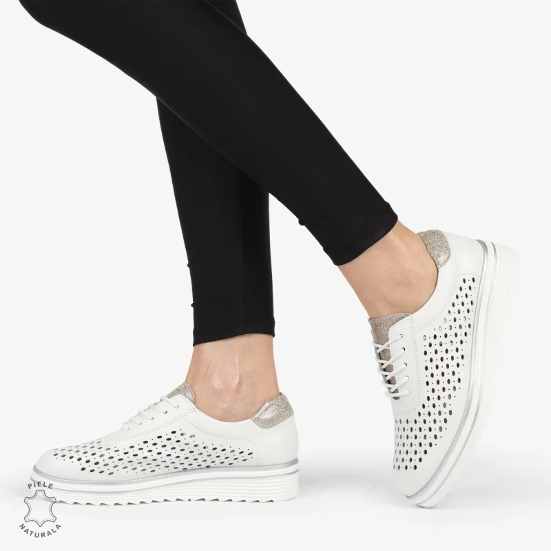 Pantofi Casual dama din piele naturala Perforati CRL0782 ALB