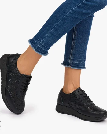 Pantofi casual dama din Piele Naturala Perforati cu model CRL0714 NEGRU