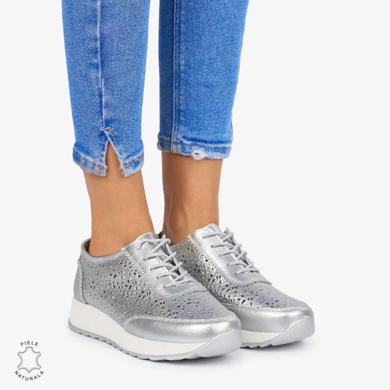 Pantofi casual dama din Piele Naturala Perforati cu model CRL0714 ARGINTIU