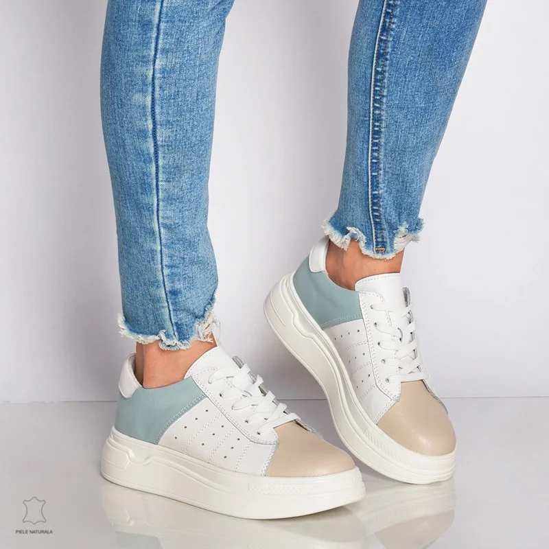 Pantofi Casual dama din Piele naturala cu talpa groasa Multicolor CRL0040ALB CU ALBASTRU