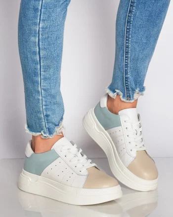 Pantofi Casual dama din Piele naturala cu talpa groasa Multicolor CRL0040ALB CU ALBASTRU