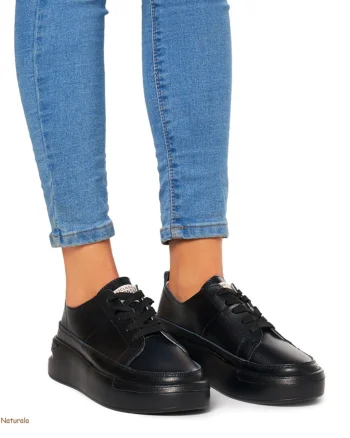 Pantofi Casual dama din Piele naturala cu talpa groasa CRL0056 NEGRU