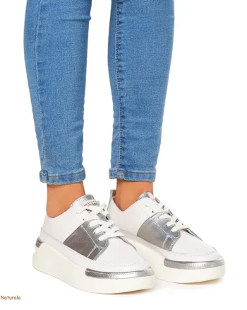 Pantofi Casual dama din Piele naturala cu talpa groasa CRL0056 ALB CU ARGINTIU