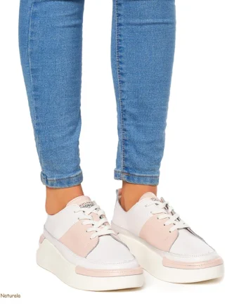 Pantofi Casual dama din Piele naturala cu talpa groasa CRL0056 ALB CU ROZ