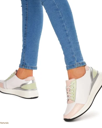 Pantofi casual de dama din piele naturala cu talpa plata CRL0019 Alb cu Roz