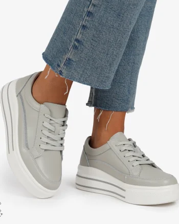 Pantofi Casual de dama din Piele Naturala cu talpa inalta si Dungi CRL1203 GRI