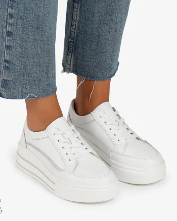 Pantofi Casual de dama din Piele Naturala cu talpa inalta si Dungi CRL1203 Alb