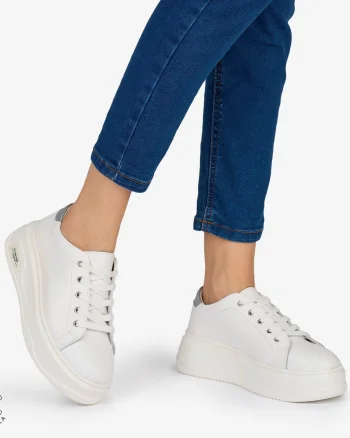 PANTOFI CASUAL Dama Piele Naturala CRL1054 Culoare: ALB CU ARGINTIU