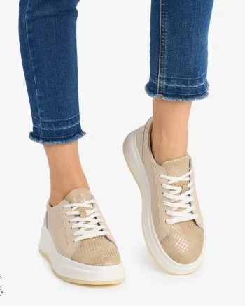 Pantofi Casual DAMA din PIELE Naturala CRL0947 CULOARE: BEJ SI AURIU