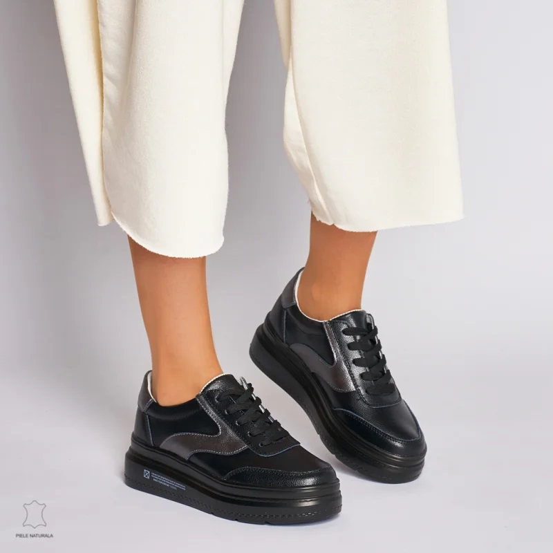 Pantofi Casual dama din Piele naturala cu talpa plata Multicolor CRL0041 Negru