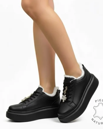 Pantofi casual îmblănite din piele naturală cu talpa înaltă si detaliu decorativ pe șiret CRL1537