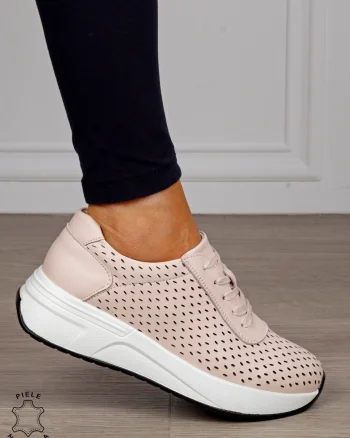 Pantofi Casual dama din Piele Naturala mici perforati CRL1541 ROZ