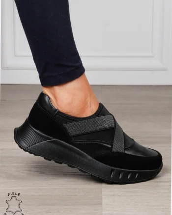 Pantofi dama din Piele Naturala slip-on cu elastic CRL1545 NEGRU