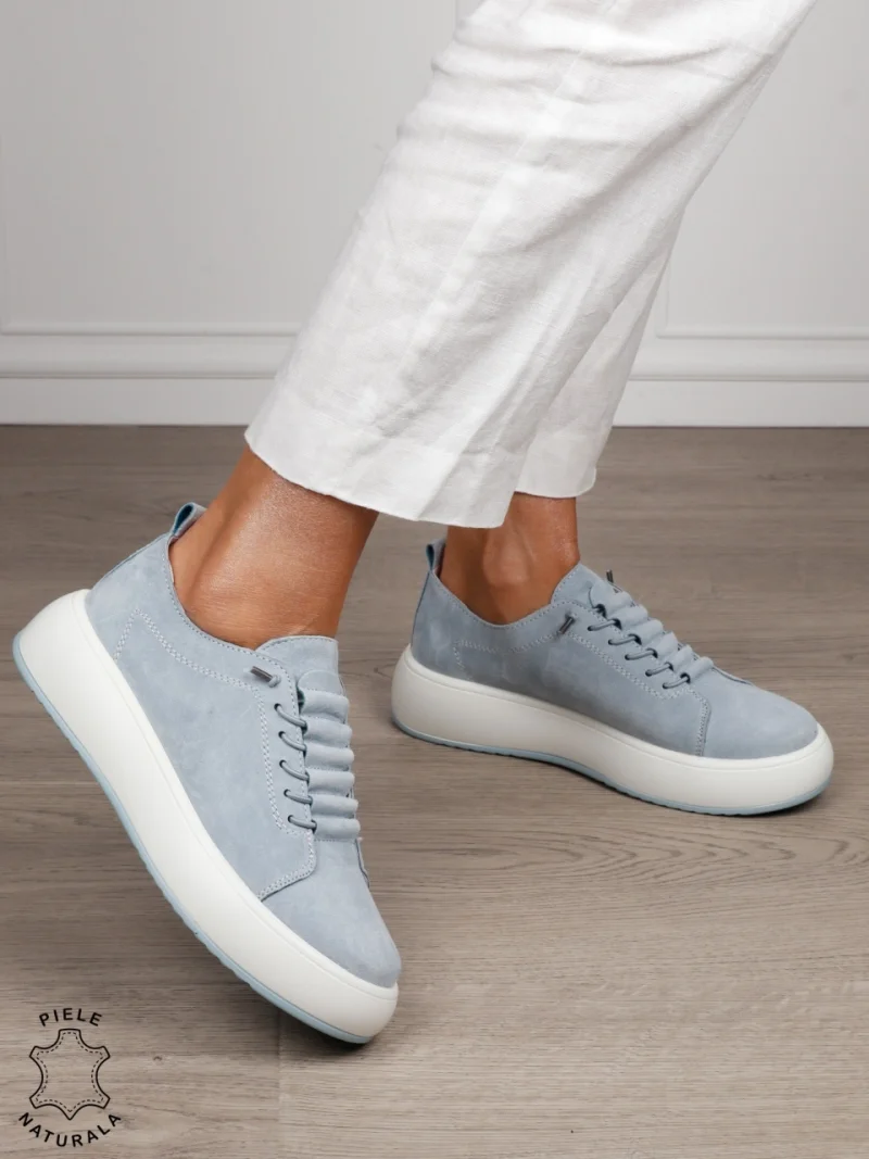 Pantofi Casual dama din Piele Naturala Intoarsa cu siret special CRL1550ALBASTRU