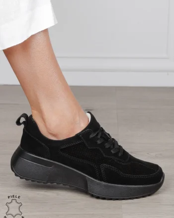 Pantofi Casual dama din Piele Naturala Intoarsa cu talpa inalta CRL1553 negru