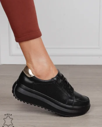 Pantofi Casual damă din piele naturală confortabile CRL1572 NEGRU CU AURIU