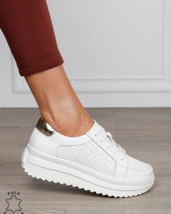 Pantofi Casual damă din piele naturală confortabile CRL1572 ALB CU AURIU