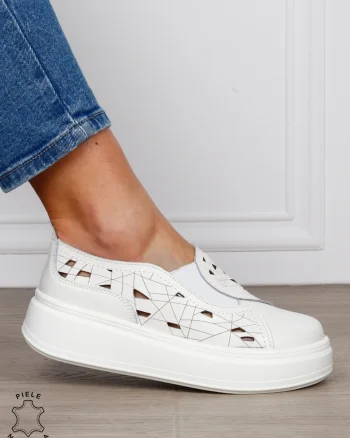 PANTOFI CASUAL Dama Piele Naturala Perforat Slip-on CRL1594 ALB
