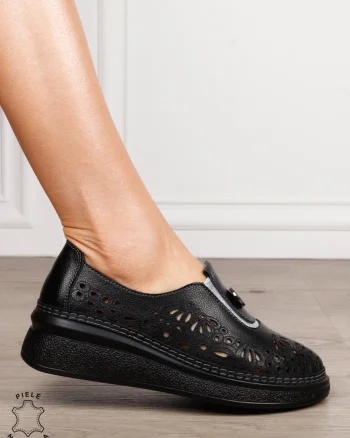 Pantofi Casual dama din Piele naturala cu model Perforat CRL1600 Negru