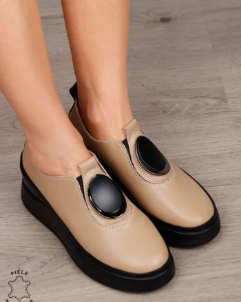 PANTOFI CASUAL DAMA Piele Naturala Slip-on cu deatliu in fata CRL1443 KHAKI