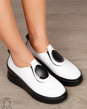 PANTOFI CASUAL DAMA Piele Naturala Slip-on cu deatliu in fata CRL1443 ALB
