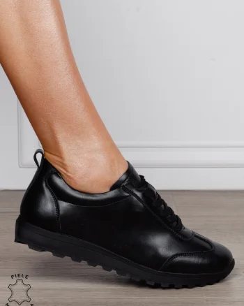 Pantofi Casual Damă din Piele Naturală cu Șiret și Talpă Comfort CRL1302 NEGRU