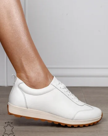 Pantofi Casual Damă din Piele Naturală cu Șiret și Talpă Comfort CRL1302 ALB