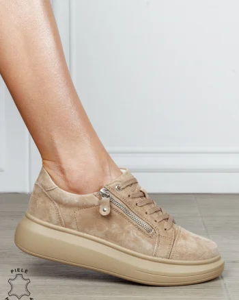 Pantofi Casual Damă din Piele Naturală intoarsa cu Fermoar Lateral CRL1801 KHAKI